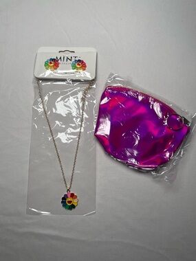 Gold Colored Happy Face Rainbow Flower Necklace/Earrings Set WITH FREE COIN BAG!